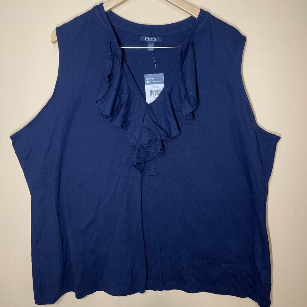 CHAPS Women Sleeveless Ruffle Top Navy Blue Cotton Top Shirt‎ Sz 3X.